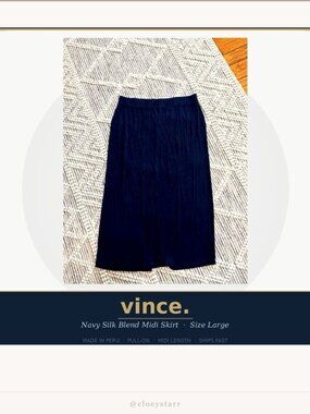 Vince Navy Midi Pull-On Skirt Size L | Elastic Waist | Silk Blend | Peru |